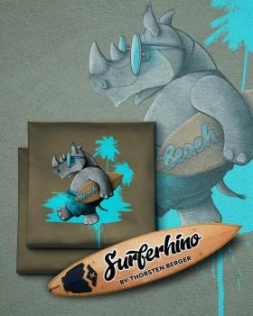 Baumwoll Jersey Panel ca. 90 cm Surferhino by Thorsten Berger Oliv/Ozean